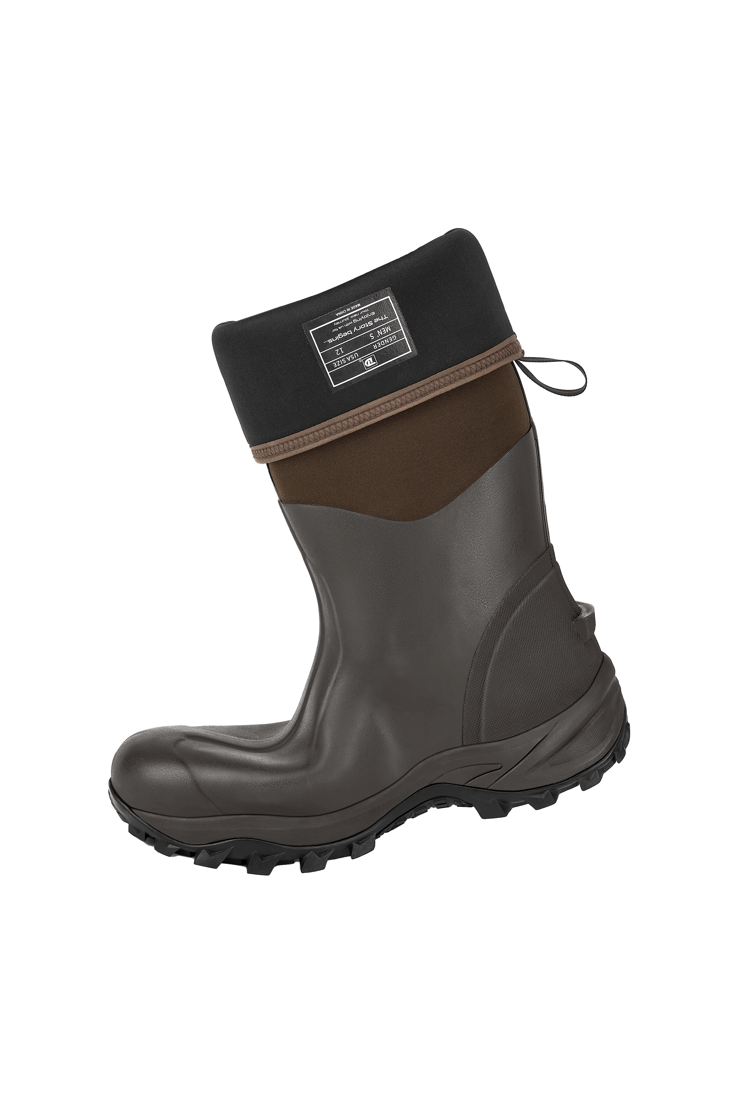 Side view of Trudave TrailMist Series waterproof neoprene muck boots – brown and black design with folded collar showing soft lining and flexible heel for comfort and durability